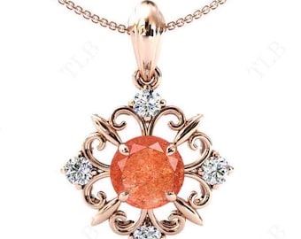 Unique Sunstone Pendant For Women Filigree Necklace Art Deco Wedding Pendant 14k Gold Sunstone Antique Style Necklace Anniversary Gift