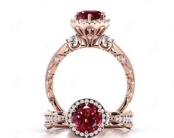 Unique Malaya Garnet Engagement Ring 925 Silver Malaya Garnet Art Deco Halo Wedding Ring Antique Anniversary Ring 14k Gold Ring Gift For Her