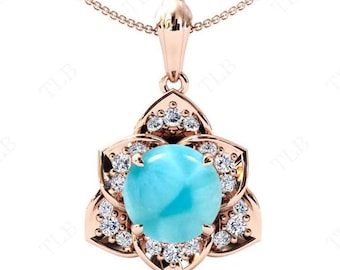 Vintage Larimar Pendant For Women Rose Gold Floral Necklace Art Deco Larimar Wedding Pendant 14k Gold Handmade Pendant Gift For Women