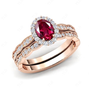 Förlovningsring i 14k guld med rubiner, vintage Halo, vigselring, art déco, 2-delat rubin-jubileumsring, unikt brudlöfte-ring-set