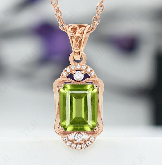 14k Gold Peridot Necklace Art Deco Wedding Pendant Vintage Emerald