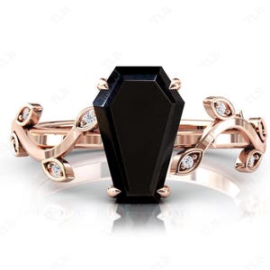 Vintage Black Onyx Engagement Ring Unique Wedding Ring Coffin Shape Black Onyx Women Statement Ring Rose Gold Leaf Ring Black Gemstone Ring