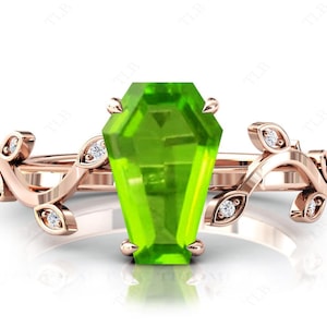 Vintage Coffin Shaped Peridot Engagement Ring Art Deco Antique Leaf Ring 14k Gold Peridot Bridal Anniversary Ring Antique Style Ring