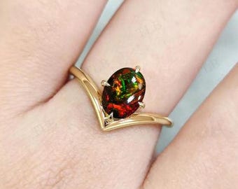 V Shaped Curved Black Opal Engagement Ring Vintage Chevron Wedding Ring For Women 925 Silver Black Opal Art Deco Bridal Promise Ring