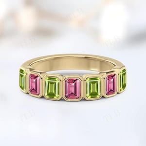 Ring set peridot verlovingsband voor vrouwen 14k goud roze toermalijn halve eeuwigheid band smaragd geslepen edelsteen trouwring verjaardagscadeau