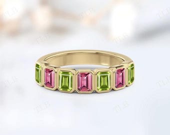 Bezel Set Peridot Engagement Band For Women 14k Gold Pink Tourmaline Half Eternity Band Emerald Cut Gemstone Wedding Band Anniversary Gift