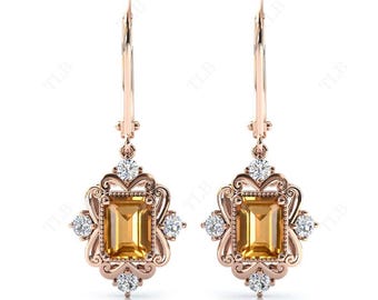 Boucles d'oreilles citrine taille émeraude pour femme Boucles d'oreilles filigrane en or 14 carats Boucles d'oreilles style antique Boucles d'oreilles créoles uniques Boucles d'oreilles art déco