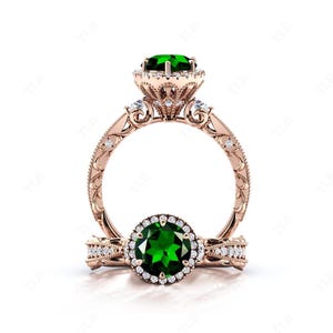 Unique Chrome Diopside Engagement Ring Art Deco Halo Wedding Ring Green Gemstone Ring Vintage Bridal Promise Ring 14k Gold Ring Gift For Her