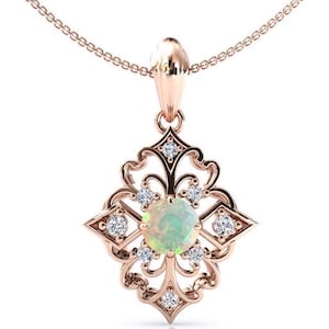 Natural Opal Pendant For Women Antique Art Deco Necklace Unique Filigree Pendant 14k Gold Opal Wedding Pendant Women Statement Pendant