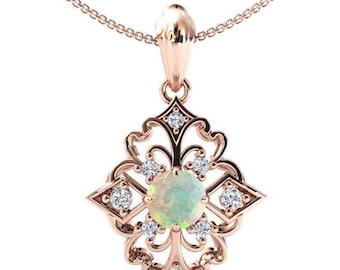 Natural Opal Pendant For Women Antique Art Deco Necklace Unique Filigree Pendant 14k Gold Opal Wedding Pendant Women Statement Pendant