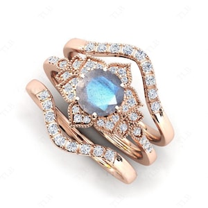 Art Deco Labradorite Engagement Ring Set For Women 14k Gold Labradorite Floral Design Ring Set Unique Halo Wedding Ring Set Gift For Wife