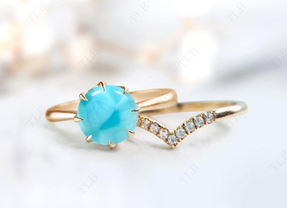 Art Dco ラリマー 結婚指輪セット レディース 14K ローズゴールド