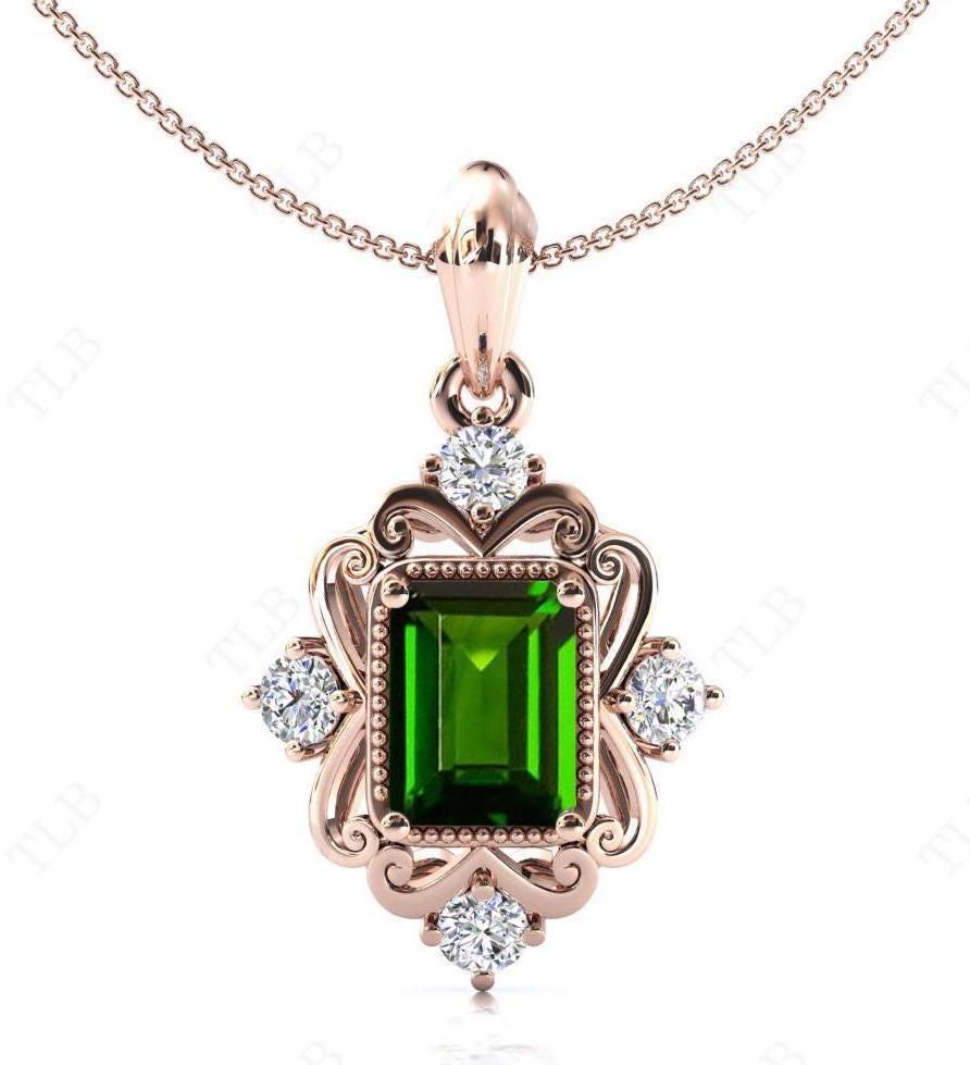 Emerald Cut Chrome Diopside Pendant Women Art Deco Wedding