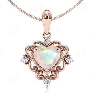 Natural Opal Pendant For Women Art Deco Opal Unique Statement Pendant 14k Gold Opal Filigree Necklace Heart Shaped Opal Wedding Pendant