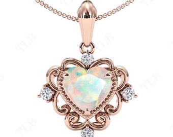 Natural Opal Pendant For Women Art Deco Opal Unique Statement Pendant 14k Gold Opal Filigree Necklace Heart Shaped Opal Wedding Pendant