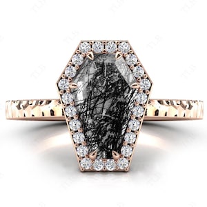 Coffin Shaped Black Rutilated Quartz Engagement Ring Rose Gold Halo Wedding Ring Black Gemstone Ring Art Deco Wedding Ring Anniversary Gift
