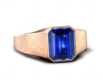 5ct Emerald Cut Tanzanite Wedding Ring For Men 14k Gold Signet Handmade Ring Unique Engagement Ring Blue Gemstone Ring Silver Unisex Ring