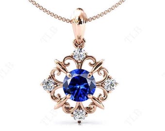 Blue Sapphire Pendant For Women 14k Gold Blue Sapphire Filigree Pendant Antique Necklace Unique Handmade Pendant Blue Gemstone Pendant