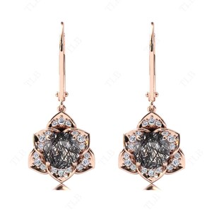 Black Rutilated Quartz Earrings For Women Rose Gold Floral Earrings Art Deco Dangle Drop Earrings Vintage Antique Earrings Gift For Women