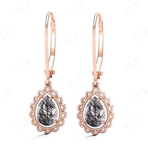 Pear Cut Rutile Earrings For Women Unique Black Rutilated Quartz Earrings 925 Silver Hoop Earrings Unique Handmade Earrings Art Deco Earring