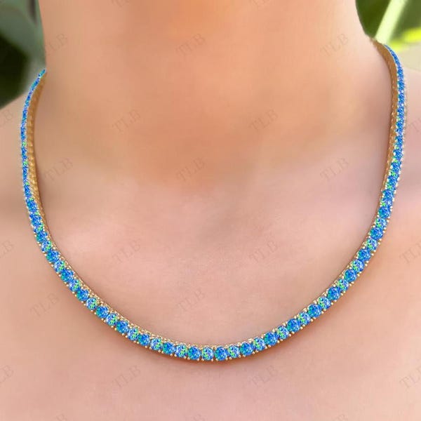 Einzigartige Blaue Opal Halskette 925 Silber Blauer Opal Hochzeitskette Vintage Blaue Opal Kette Tennis Halskette 14k Gold Choker Halskette Für Frauen