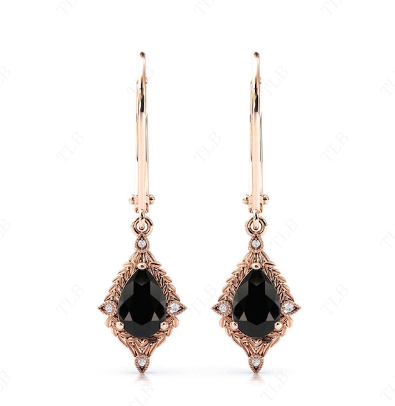 Art Deco Pear Cut Black Onyx Earrings For Women Antique Vine Leaf Design Earrings Rose Gold Lever Back Earrings Black Gemstone Earrings