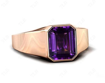 5ct Vintage Amethyst Signet Ring Emerald Cut Amethyst Engagement Ring Unisex Signet Ring Handmade Signet Ring Unique Amethyst Ring For Him