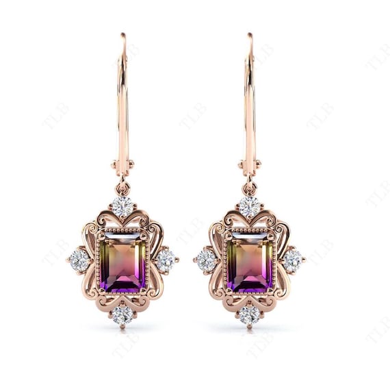 Bio Color Ametrine Earrings For Women Emerald Cut Ametrine Wedding Earrings Rose Gold Filigree Earrings Vintage Lever Back Earrings