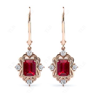 Pendientes Art Decó de rubí con corte esmeralda, pendientes vintage de filigrana para mujer, pendientes únicos con cierre de palanca, pendientes colgantes antiguos, regalo para ella.