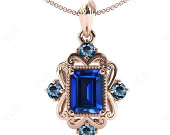 Emerald Cut Blue Sapphire Necklace Vintage Antique Style Pendant Art Deco Filigree Pendant Rose Gold Blue Topaz Necklace 925 Silver Pendant