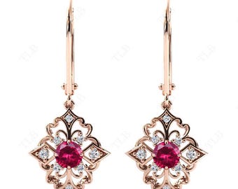 Vintage Ruby Earrings For Women 14k Gold Ruby Filigree Earrings Unique Handmade Dangle Drop Earrings Art Deco Hoop Earrings Gift For Women