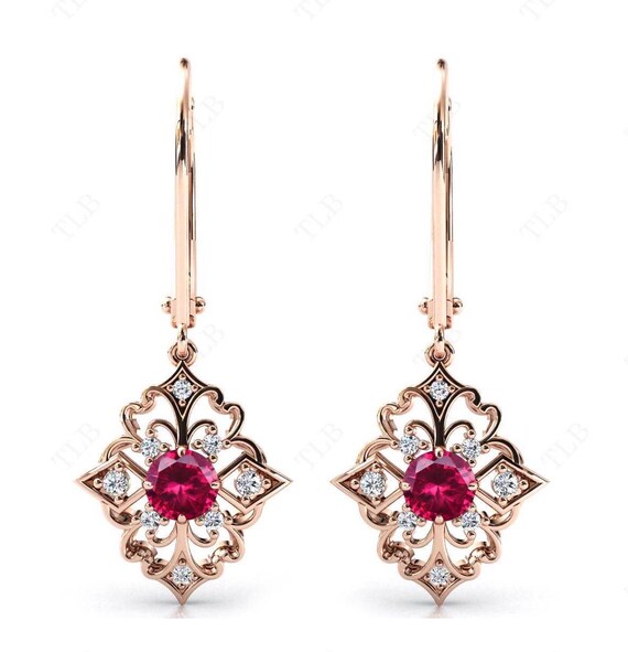 Vintage Ruby Earrings For Women 14k Gold Ruby Filigree Earrings Unique Handmade Dangle Drop Earrings Art Deco Hoop Earrings Gift For Women