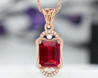 Unique Ruby Necklace For Women 925 Silver Ruby Handmade Pendant Emerald Cut Ruby Art Deco Wedding Necklace Antique Pendant Gift For Women