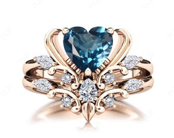 Heart Shaped London Blue Topaz Engagement Ring Set Rose Gold 2Pc Wedding Ring Set Art Deco Bridal Promise Ring Set Antique Style Ring Set
