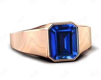 5ct Blue Sapphire Engagement Ring Emerald Cut Blue Sapphire Signet Ring Blue Gemstone Signet Ring Men Handmade Ring Unisex Signet Ring
