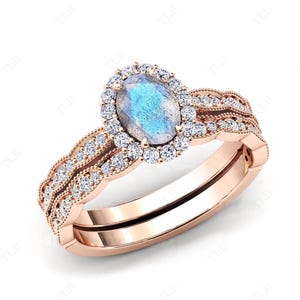 Unique Labradorite Engagement Ring Set Vintage Labradorite Halo Wedding Ring Set Art Deco 2Pc Bridal Ring Set Rose Gold Anniversary Ring Set