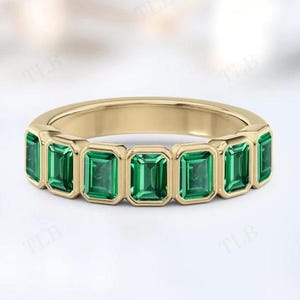 Bezel Set Emerald Cut Half Eternity Band Unique Emerald Wedding Band 925 Silver Emerald Eternity Band Unique Anniversary Gift For Women