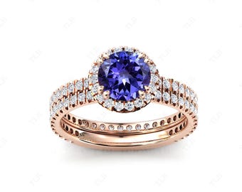 Vintage Tanzanite Engagement Ring Set Art Deco Halo Wedding Ring Set 925 Silver Tanzanite Antique Wedding Ring Set Unique Anniversary Rings