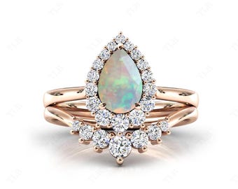 Pear Cut Opal Halo Engagement Ring Set Vintage Opal 2Pce Wedding Ring Set 925 Silver Opal Bridal Ring Set Unique Anniversary Ring Set