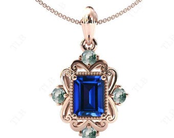 Vintage Emerald Cut Blue Sapphire Pendant Art Deco Filigree Necklace Vintage Handmade Pendant Antique Pendant 925 Silver Moss Agate Pendant