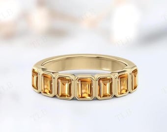 Unieke smaragd geslepen citrien verlovingsring set citrien bruids belofte band vintage citrien trouwring voor vrouwen halve eeuwigheid band