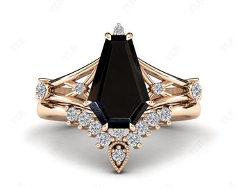 Art Deco Coffin Shaped Black Onyx Engagement Ring Set Unique Black Onyx Wedding Ring Set Antique 2Pce Bridal Ring Set Anniversary Gift