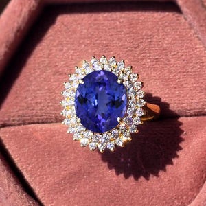 Anillo de compromiso de tanzanita natural azul vivo AAA Anillo de compromiso con halo de diamantes de tanzanita azul profundo de corte ovalado Anillo de boda de tanzanita de oro de 14 k