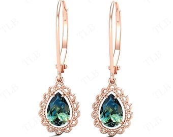 Orecchini in zaffiro verde acqua che cambiano colore per le donne Orecchini antichi in stile Art Déco con zaffiro verde acqua taglio a pera Orecchini con chiusura a leva in oro rosa Regalo per lei