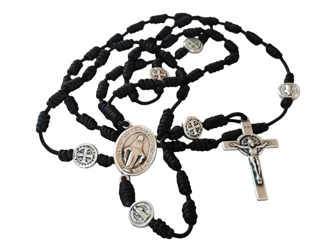 Rosario Medaglia San Benedetto argento 925 grani legno nero 7 mm | vendita online su