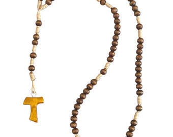 Franciscaanse rozenkrans van 7 decennium Houten rozenkrans met kruis van St. Franciscus van Assisi Tau