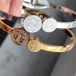 Pulsera San Benito Acero Inoxidable Plata Oro Pulsera San Benito Santo Estudiante Medallas Santas Joyas Mujer