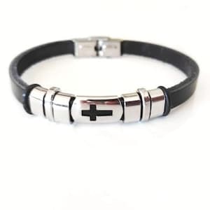 Christian Bracelet Cross Leather Bracelet for Him saint medal Religious Cross Bracelet