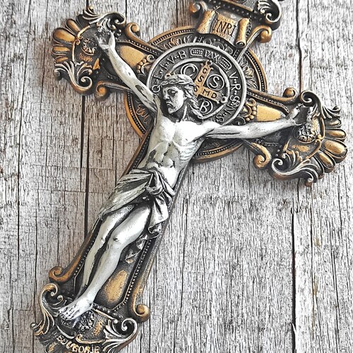 St. Saint Benedict Wall Hanging Cross Silver Crucifix Etsy