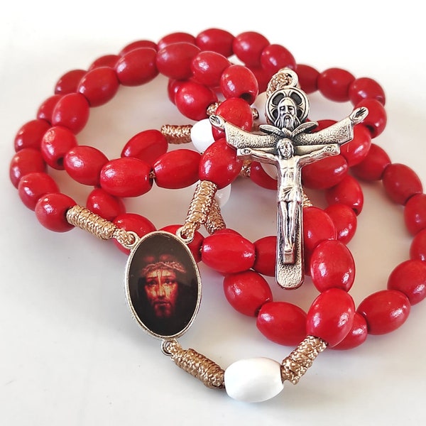 Chapelet Précieux Très Saint Sang de Jésus, chapelet en bois avec grains rouges, dévotion Sang de Jésus